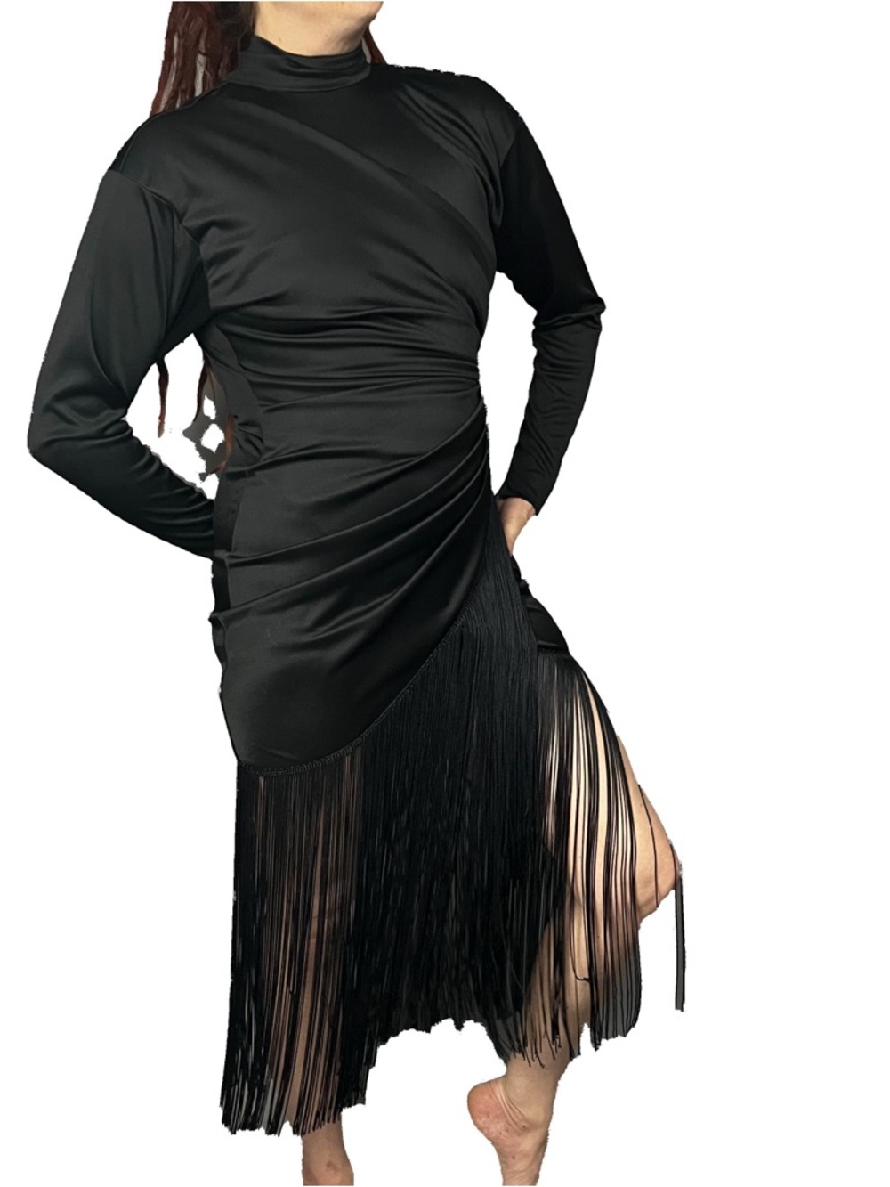 Vintage 70's Party Dress, Black Long Sleeve Maxi Dress with Fringe